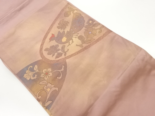 引箔変わり丸文に孔雀・花唐草模様織出し名古屋帯